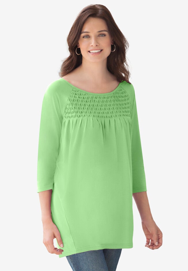 Three-Quarter Sleeve Smocked Tunic, PISTACHIO, hi-res image number null