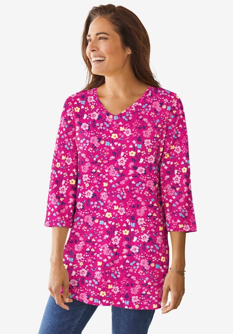 Perfect Printed Three-Quarter-Sleeve V-Neck Tunic, RASPBERRY SORBET FIELD FLORAL, hi-res image number null