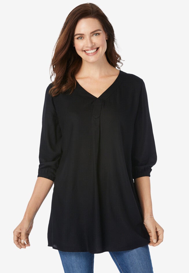 Three-Quarter Sleeve Pleat-Front Tunic, , alternate image number 2