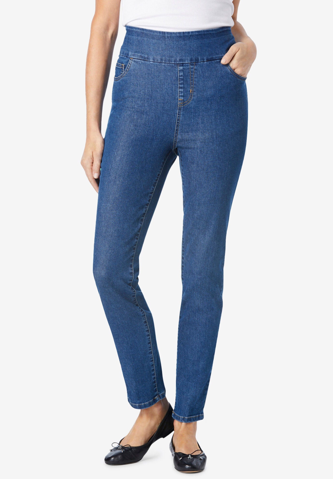 Flex-Fit Slim-Leg Pull-On Gap-Free Stretch-Denim Jeans, MEDIUM STONEWASH, hi-res image number 0