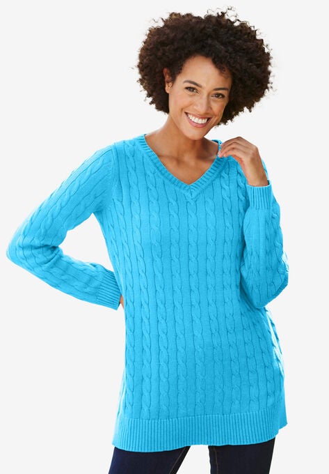 Cable Knit V-Neck Pullover Sweater, PARADISE BLUE, hi-res image number null