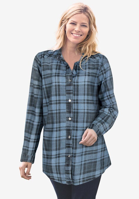 classic long-sleeve denim shirt, LIGHT STONEWASH PLAID, hi-res image number null