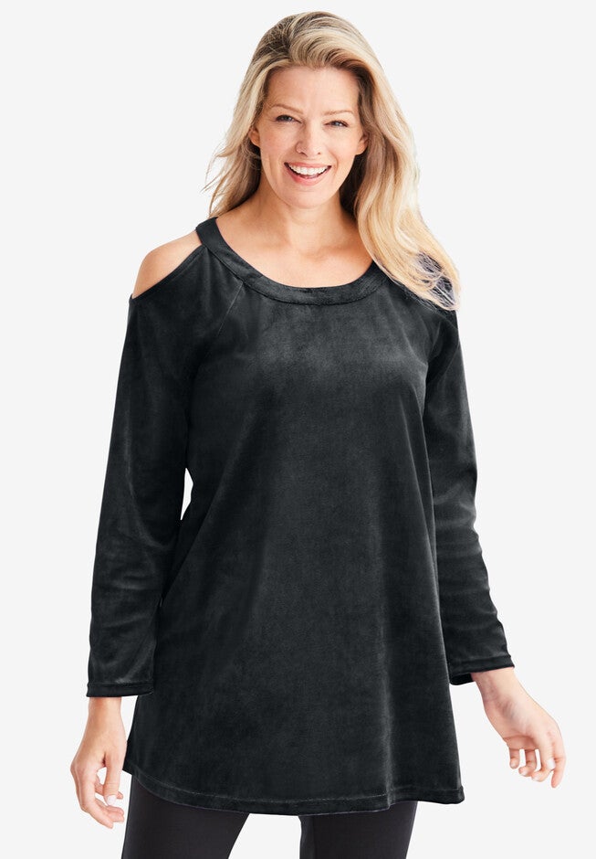 Velour Cold Shoulder Tunic, BLACK, hi-res image number null