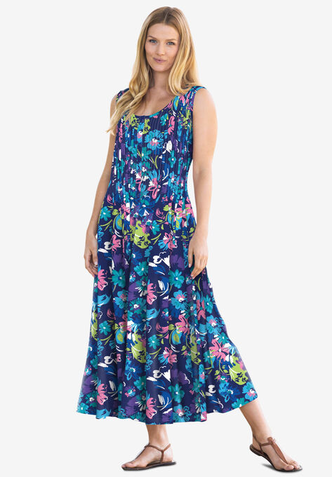 Pintucked Sleeveless Dress, EVENING BLUE POPPY BLOSSOM, hi-res image number null