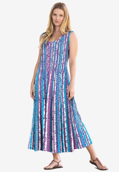Pintucked Sleeveless Dress, PRETTY VIOLET FLORAL STRIPE, hi-res image number null