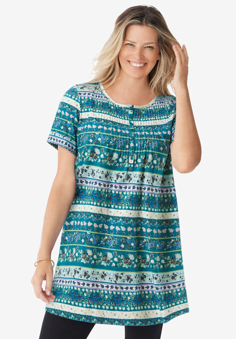Short-Sleeve Pintucked Henley Tunic, DEEP TEAL PATCHWORK STRIPE, hi-res image number null