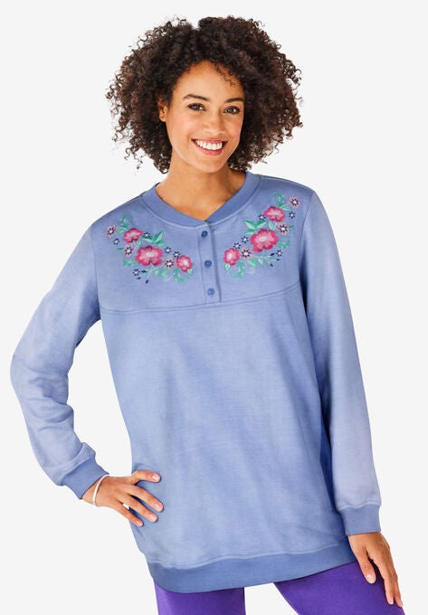 Embroidered Henley Sweatshirt, FRENCH BLUE EMBROIDERY, hi-res image number null