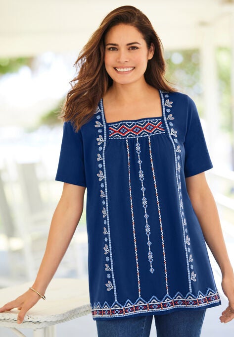 Embroidered Square Neck Tee, , alternate image number null