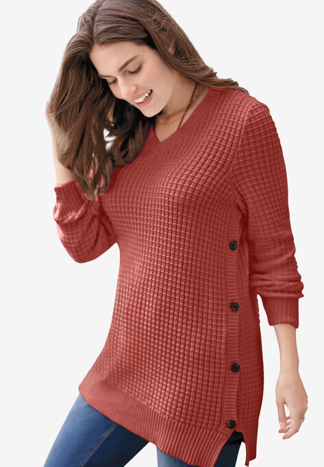 Side Button V-Neck Waffle Knit Sweater, RED OCHRE, hi-res image number null