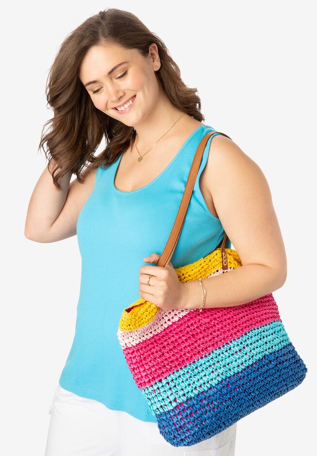 Color Block Straw Tote, BRIGHT COBALT MULTI CABANA STRIPE, hi-res image number null