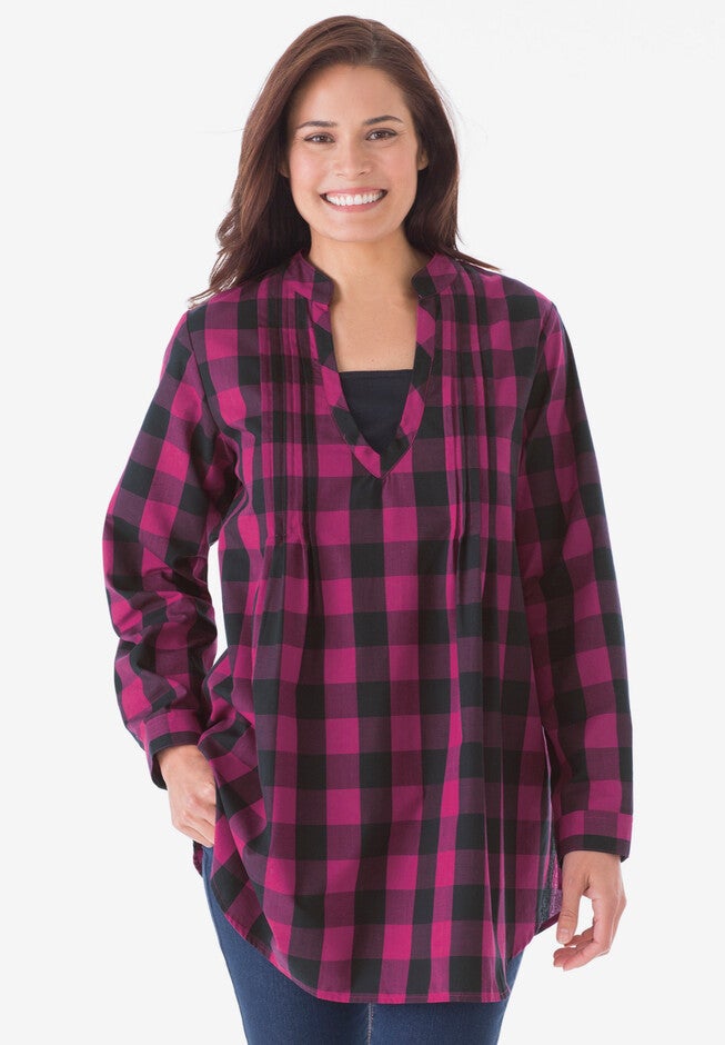 Layered Look Pintucked Tunic, RASPBERRY SMALL BUFFALO PLAID, hi-res image number null