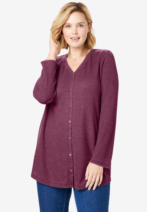 Button Front Washed Thermal, DEEP CLARET, hi-res image number null