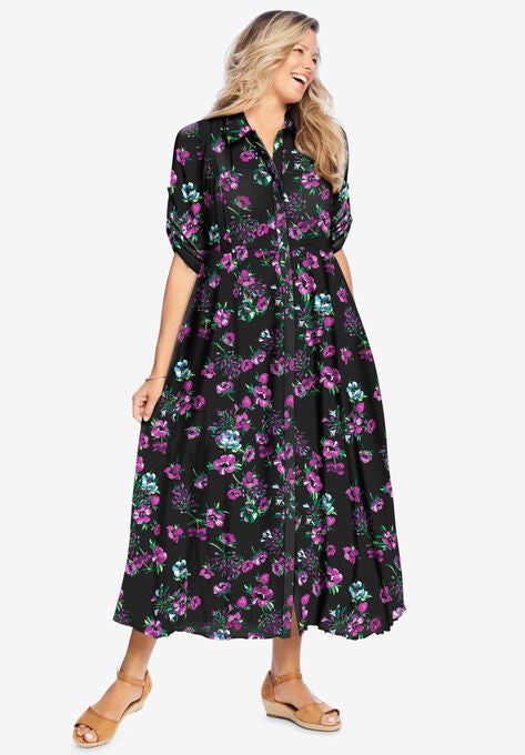 Three-Quarter Sleeve Crinkle Shirtdress, BLACK PAINTERLY FLORAL, hi-res image number null