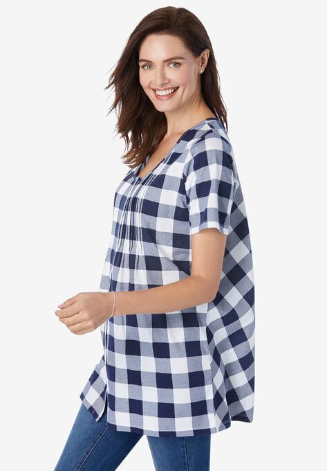 Top in soft buffalo plaid knit, tunic length with pintucks, , alternate image number null