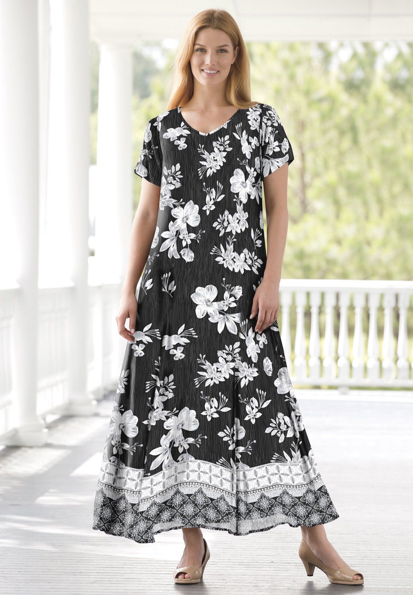 Printed Short-Sleeve Crinkle Maxi Dress