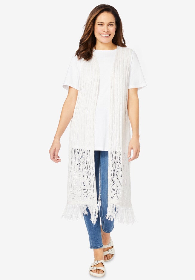 Crochet Maxi Vest with Pointelle Fringe, WHITE, hi-res image number null