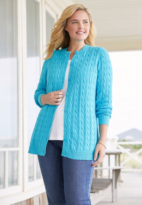 Cotton Cable Knit Cardigan Sweater, , alternate image number null