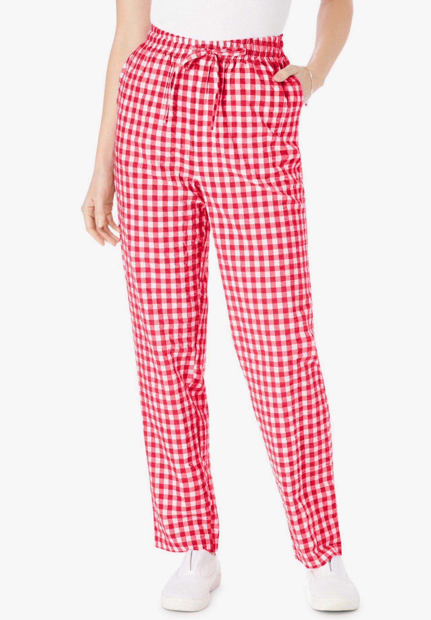 Seersucker Pull-on Elastic-Waist Pants, VIVID RED GINGHAM, hi-res image number 0