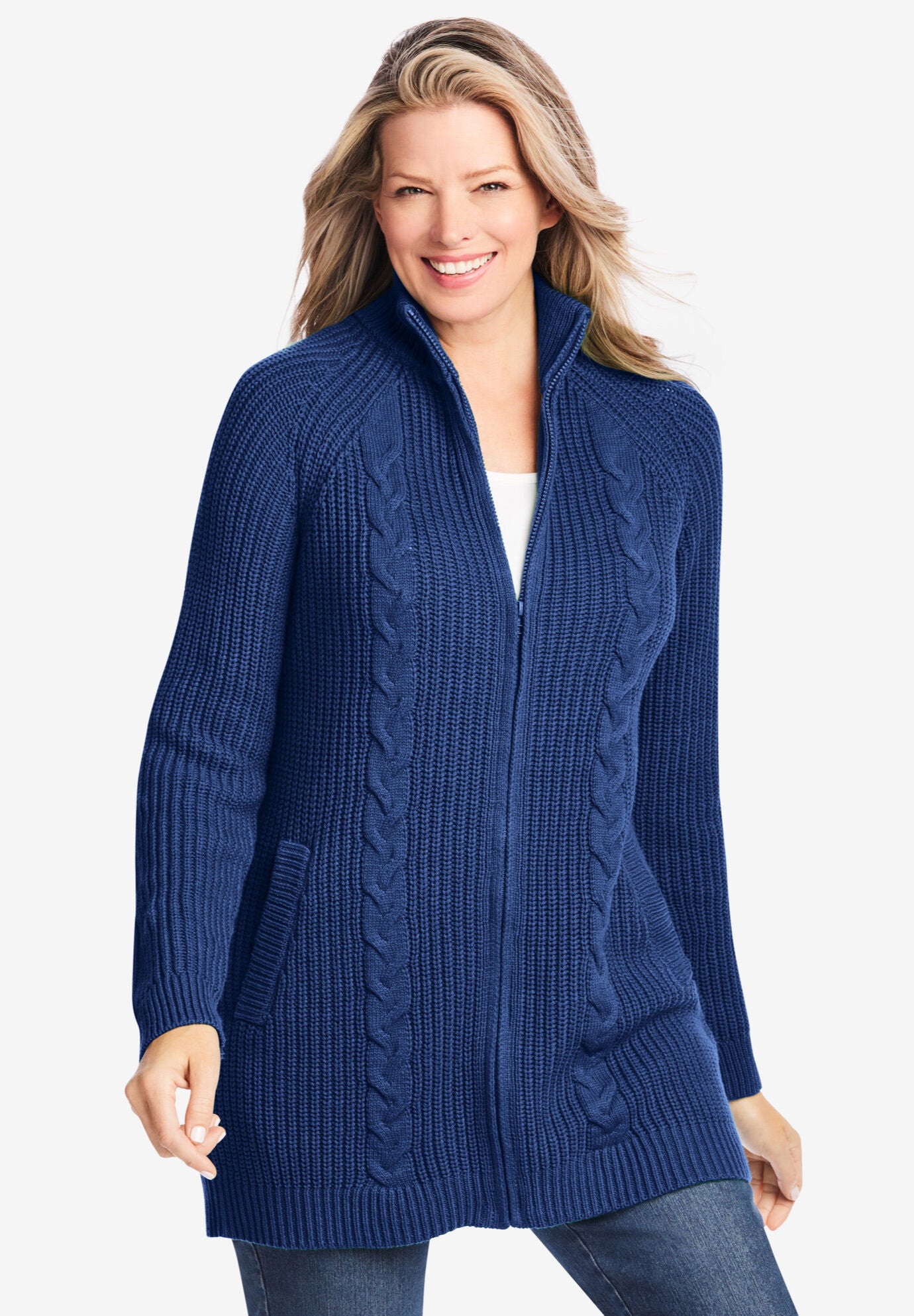 Cabled Zip-Front Cardigan Sweater, EVENING BLUE, hi-res image number 0