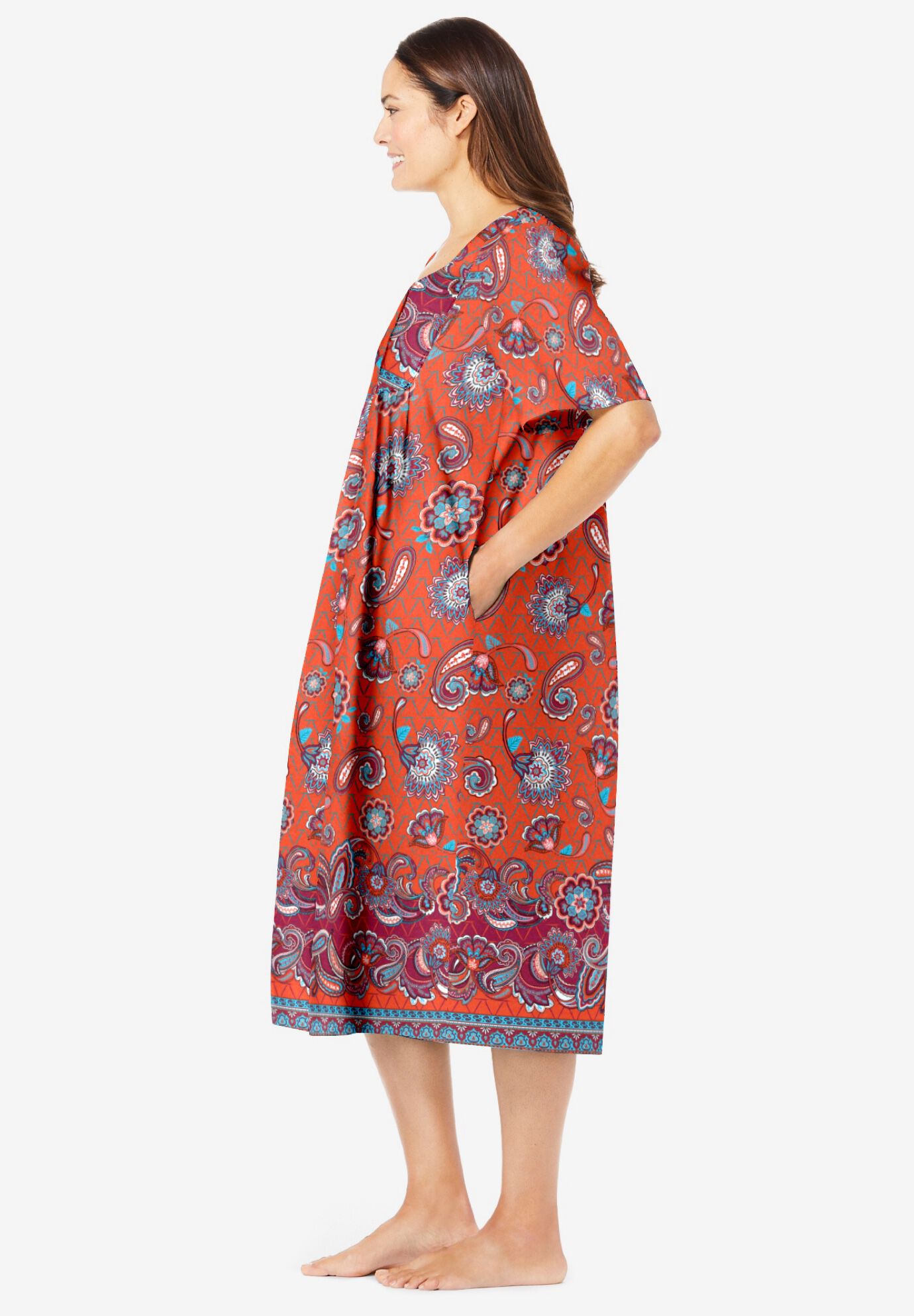 Bib-Front Short Sleeve Short Lounger, ELECTRIC ORANGE BLOOM, alternate image number 2