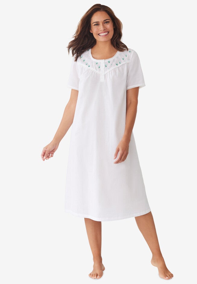 Short-Sleeve Embroidered Woven Gown, WHITE FLORAL EMBROIDERY, hi-res image number 0