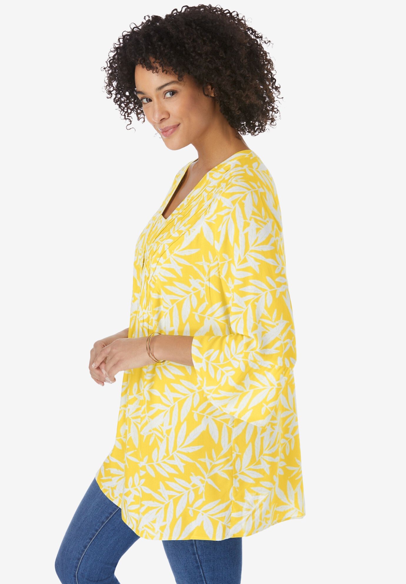 Bell-Sleeve V-Neck Tunic, PRIMROSE YELLOW LEAF, alternate image number 2