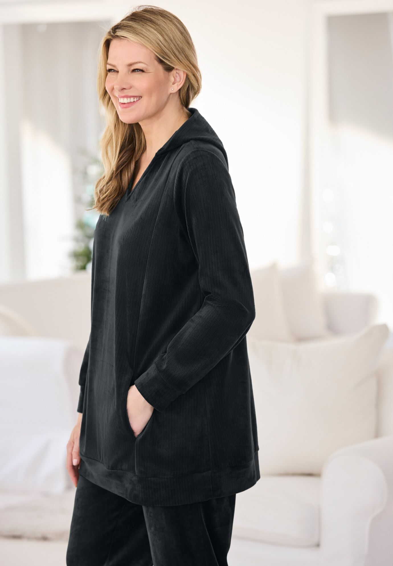Velour Hoodie Sweatshirt, BLACK, alternate image number 2
