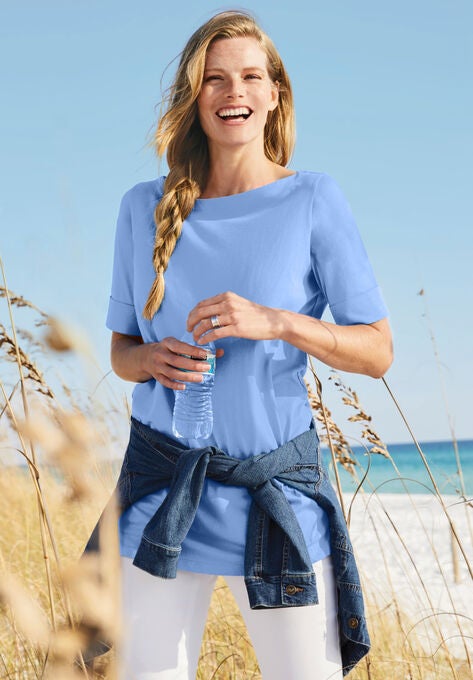 Perfect Cuffed Elbow-Sleeve Boat-Neck Tee, , alternate image number null