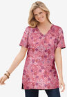 Perfect Printed Short-Sleeve Shirred V-Neck Tunic, ROSE PINK PATCHWORK, hi-res image number null
