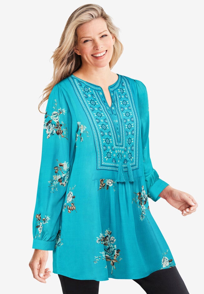 Bib Front Tunic, TURQ BLUE ROSES, hi-res image number 0