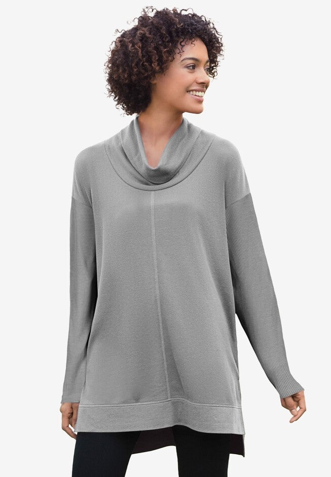 Cowl Neck Thermal Tunic, MEDIUM HEATHER GREY, hi-res image number null