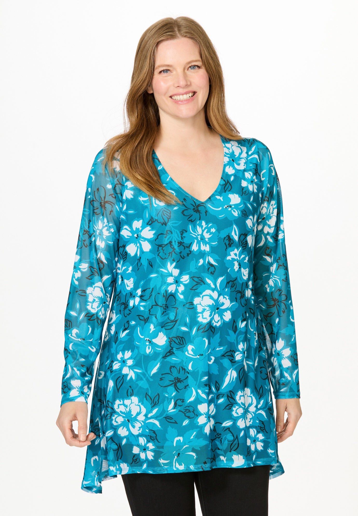 High-Low Miracle Mesh Tunic, DEEP TEAL BLOOM, hi-res image number 0
