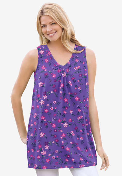 Perfect Printed Sleeveless Shirred V-Neck Tunic, PETAL PURPLE PRETTY FLORAL, hi-res image number null