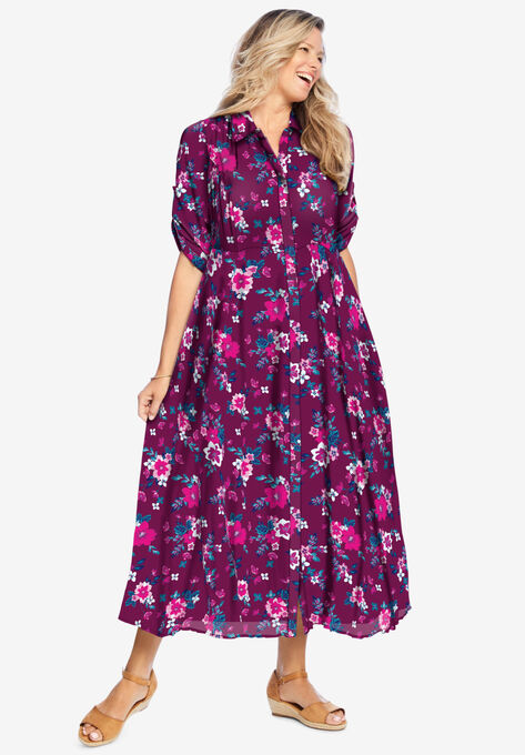 Roll-Tab Sleeve Crinkle Shirtdress, DEEP CLARET PAINTED FLORAL, hi-res image number null
