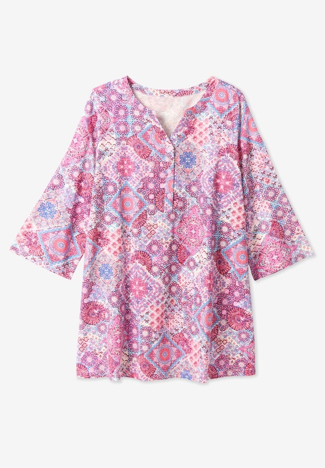 Henley Three-Quarter Sleeve Knit Tunic, , alternate image number null
