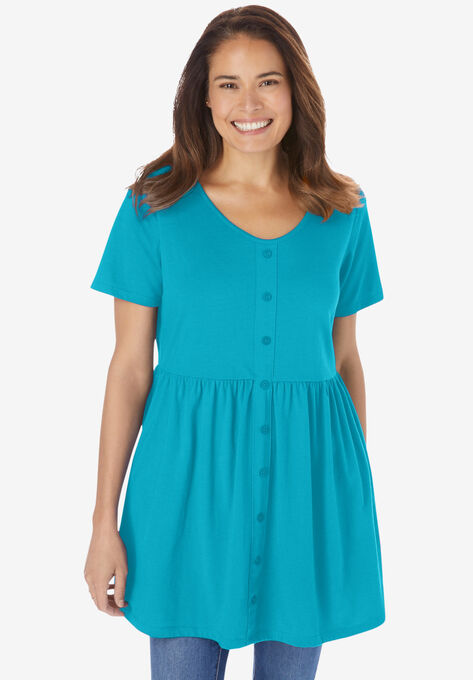 Short-Sleeve Empire Waist Tunic, PRETTY TURQUOISE, hi-res image number null