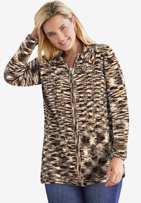 Chenille Zip Cable Cardigan, CHOCOLATE SPACE DYE, hi-res image number null
