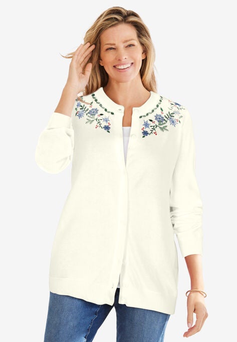 Perfect Long-Sleeve Cardigan, IVORY SNOWFLAKE EMBROIDERY, hi-res image number null