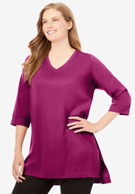 Longer Length Three-Quarter Sleeve V-Neck Tunic, RASPBERRY, hi-res image number null