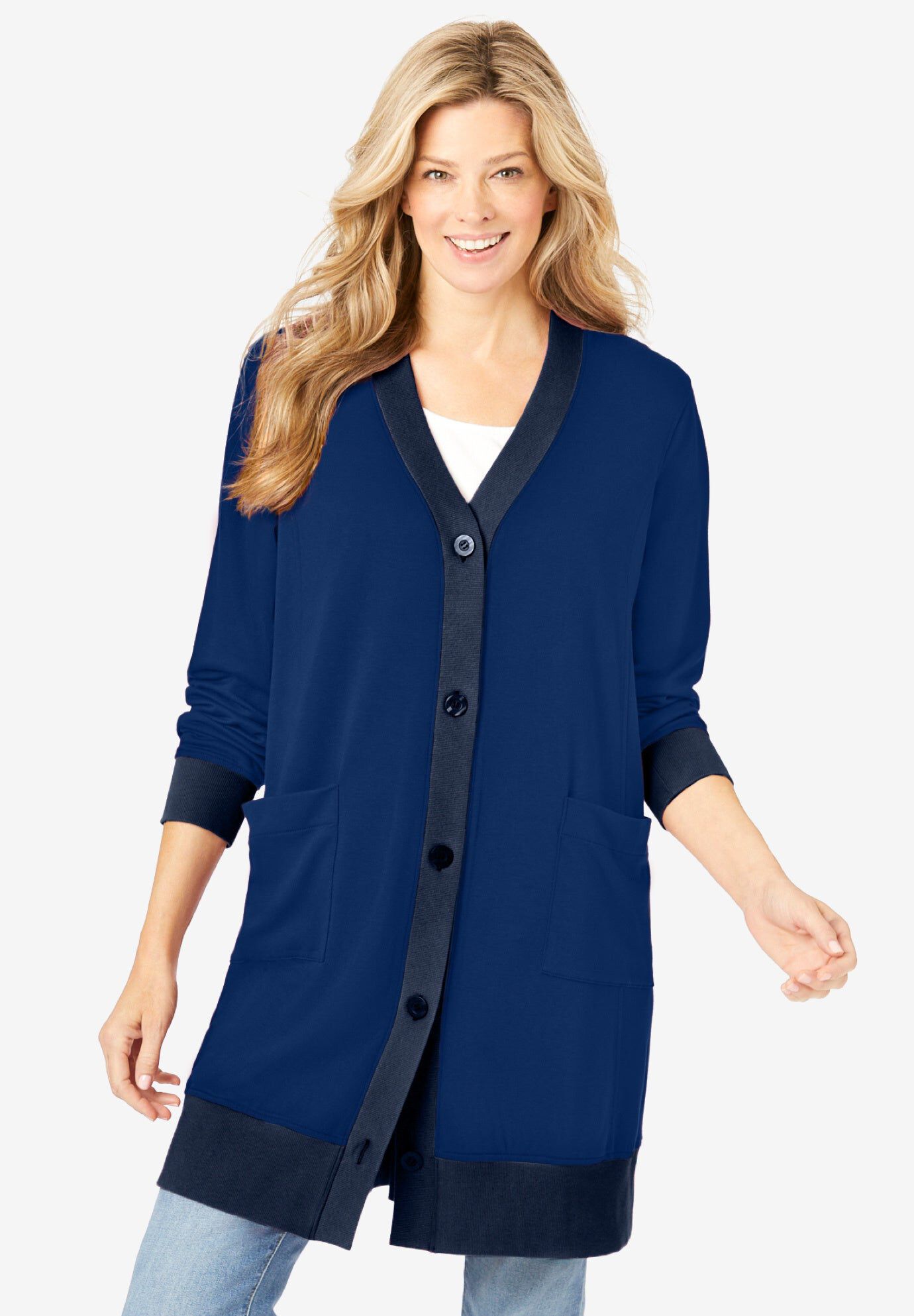 Knit Button-Front Duster Jacket, EVENING BLUE, hi-res image number 0