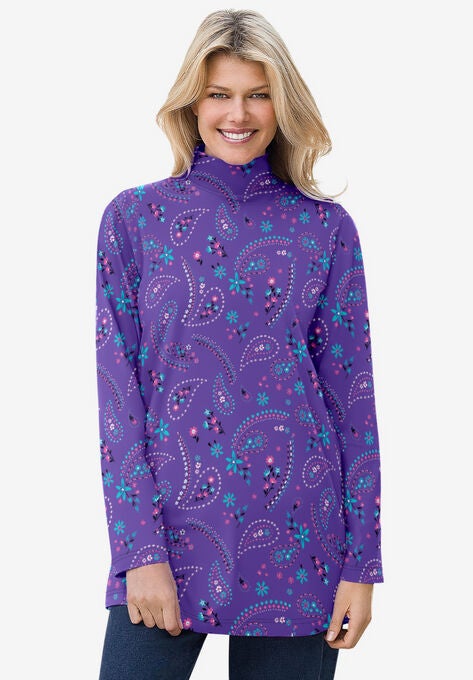 Mockneck Long-Sleeve Tunic, PETAL PURPLE FLORAL PAISLEY, hi-res image number null