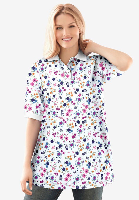 Short-Sleeve Polo Tunic, WHITE GRAPHIC BLOOM, hi-res image number null