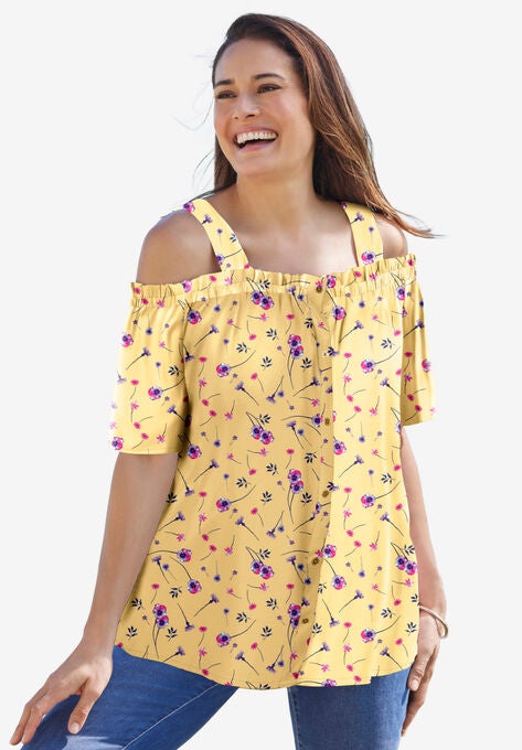 Printed Cold-Shoulder Blouse, BANANA AIRY FLORAL, hi-res image number null