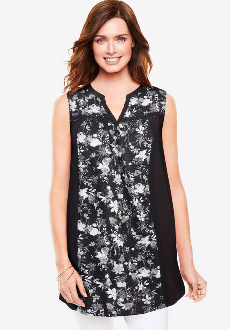Sleeveless Notch-Neck Tunic, BLACK DELICATE FLORAL, hi-res image number null