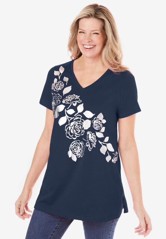 Short-Sleeve Foil Tunic, NAVY FOIL FALLING ROSES, hi-res image number null