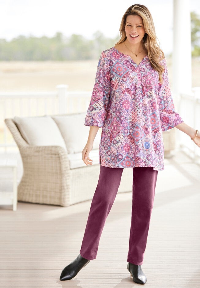 Henley Three-Quarter Sleeve Knit Tunic, , alternate image number null