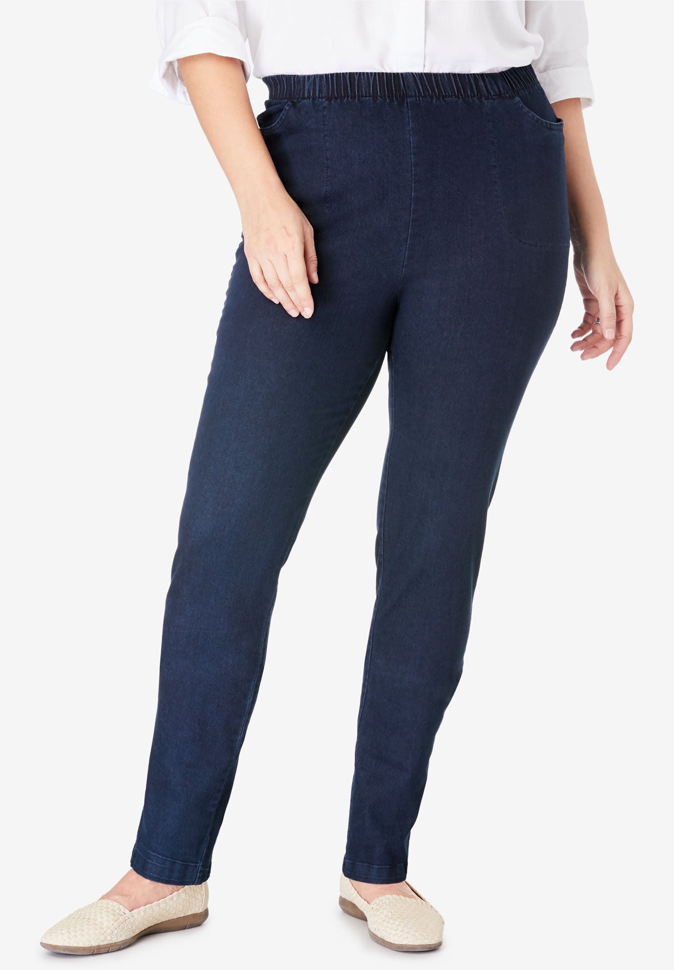 Pull-On Elastic-Waist Stretch Fineline Denim Jeans Fullbeauty Outlet