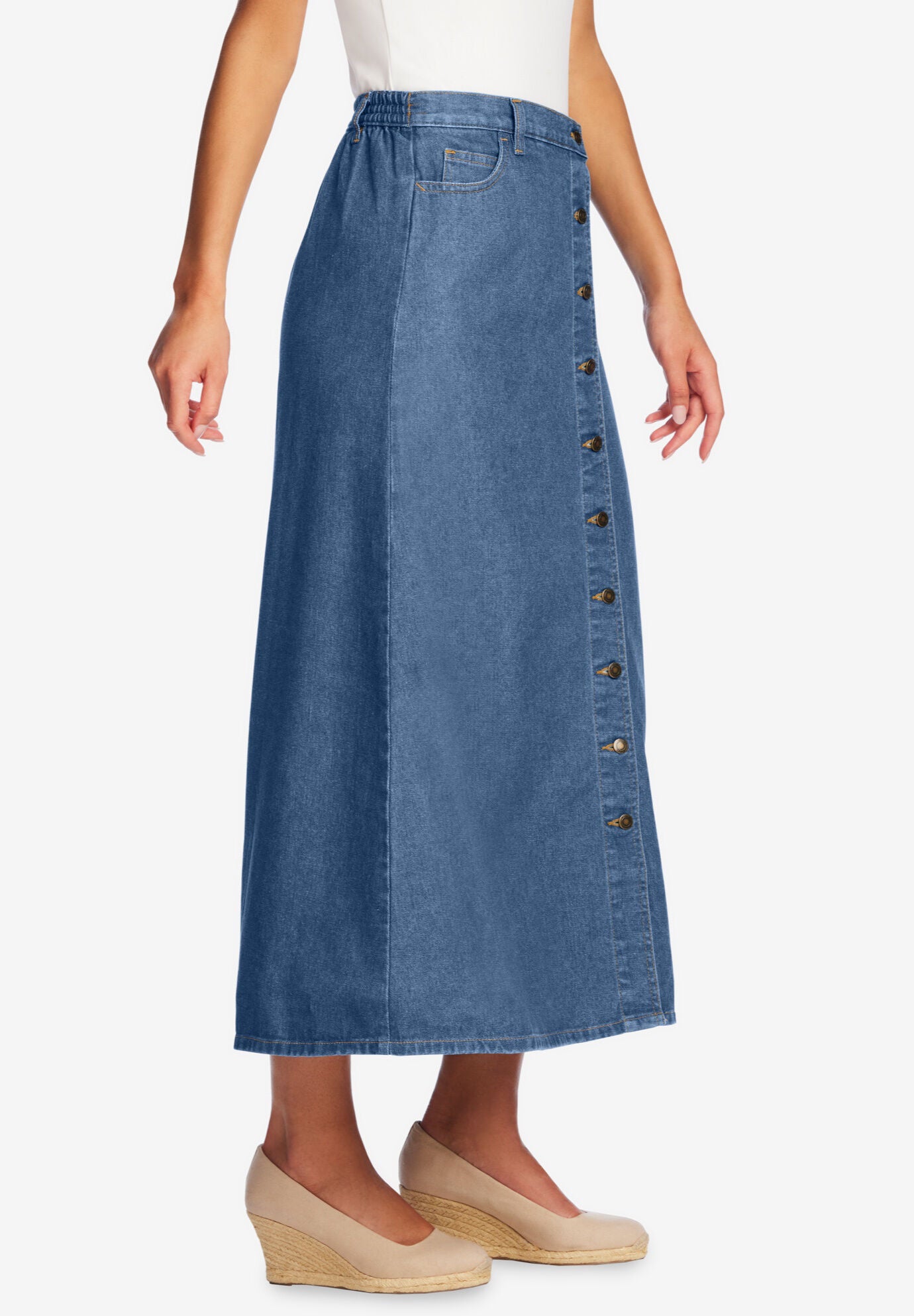 Perfect Side-Elastic All-Cotton Button Front Denim Jeans Skirt, , on-hover image number 1