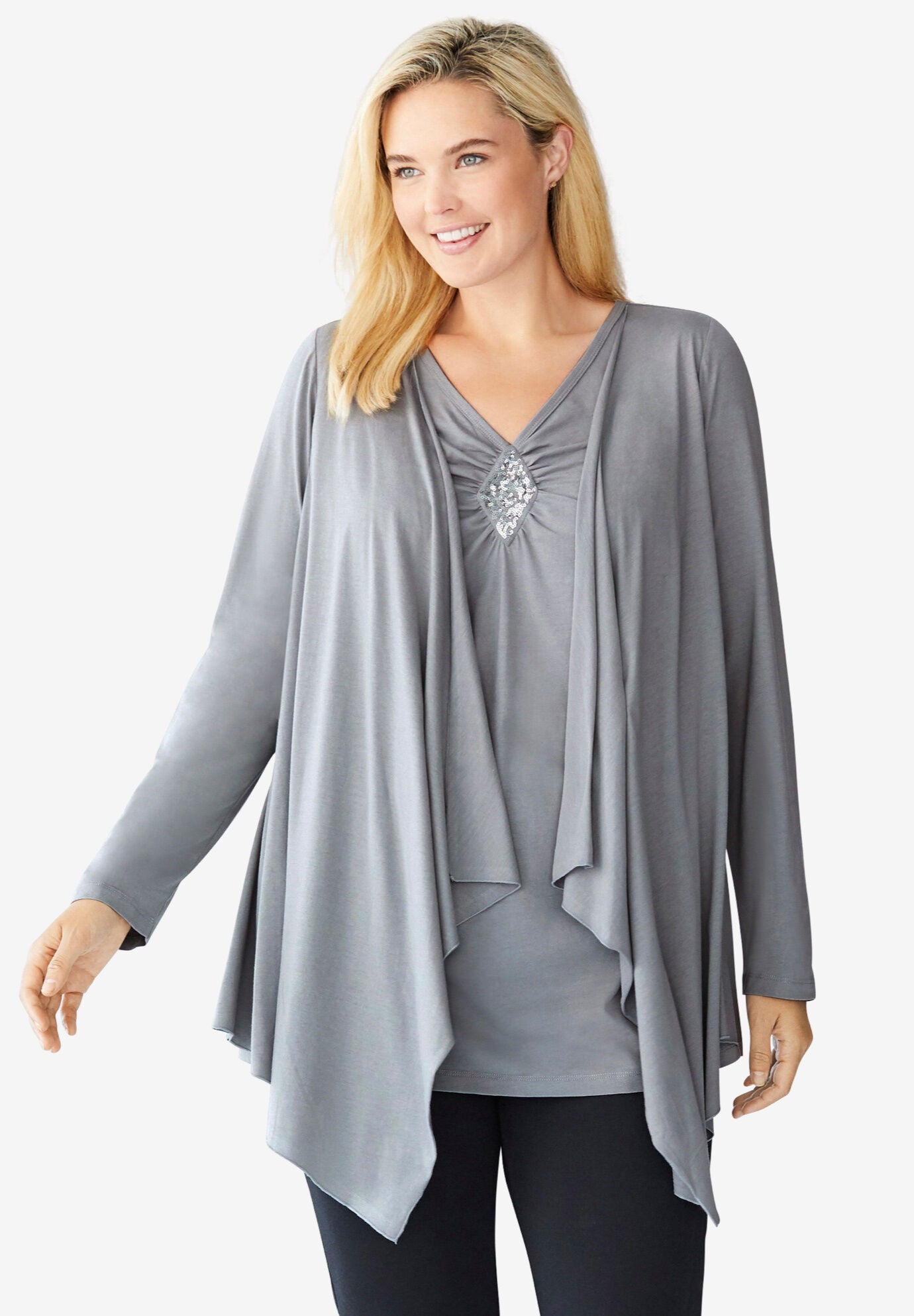 Layered look long top with sequined inset, GUNMETAL, hi-res image number 0