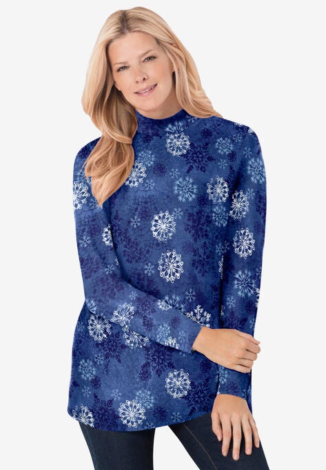 Perfect Printed Long-Sleeve Mock-Neck Tee, ROYAL NAVY TEXTURED SNOWFLAKE, hi-res image number null